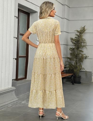 Image of Kranda Women 2026 Summer Collared V Neck Short Sleeve Button Down Chiffon Long Tiered Floral Maxi Dress with Pockets