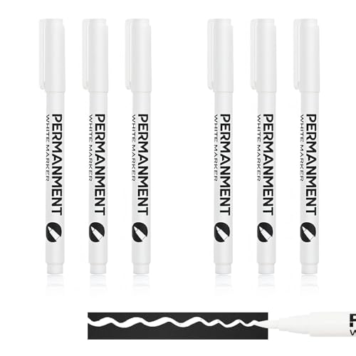 EXQUIMA 6 PCS Permanent White Marker Pens, Fine Tip, Waterproof and Quick Drying Fabric Pens, For Clothes, Laundry Markers (14x1.8X1.1CM)