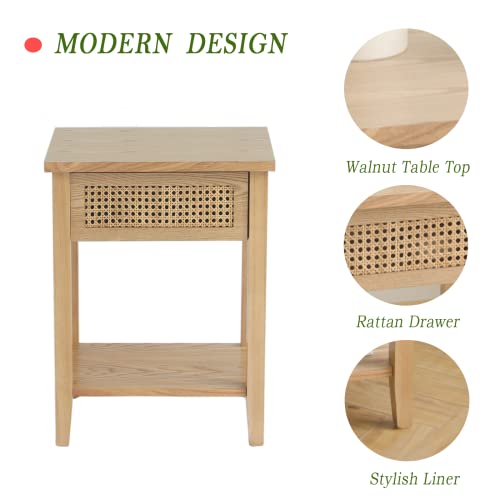 Maxsmeo Small Nightstand With Drawer And Shelf, Rattan Side Table Bedroom, Mid Century Modern End Bedside Table Living Room, Easy Assembly (Natural Walnut) #TOP4