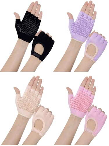 Fourluoo 4/12 Pairs Pilates Gloves with Grips for Women Non Slip Cotton Fingerless Silicone Yoga Gloves for Gym Exercise Weight Training Mitten Fits Women Men(Pink Purple Beige Black 4 Pcs)