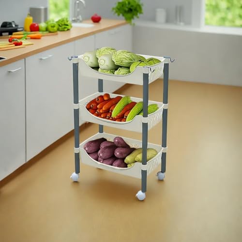Image of Lukzer 3 Tier Plastic Rolling Cart Trolley Stand Multipurpose Fruits & Vegetable Storage Basket Rack with Wheels Slim Space-Saving Organizer for Kitchen Home Bathroom Office-White 115x30x41.5cm CH-137