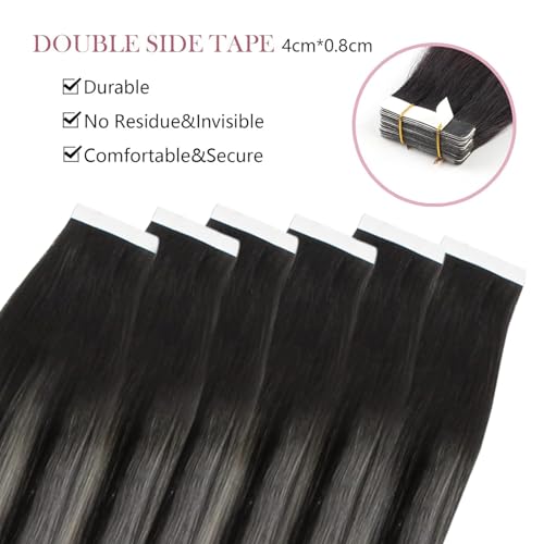 Image of Sixstarhair Ombre Tape in Hair Extensions Natural Black to Silver White with Black highlighted Tape in Hair Extensions Real Human Hair Silky Straight Soft Hair 20pcs 50g [Color 1BT1B-silver# 16inch]
