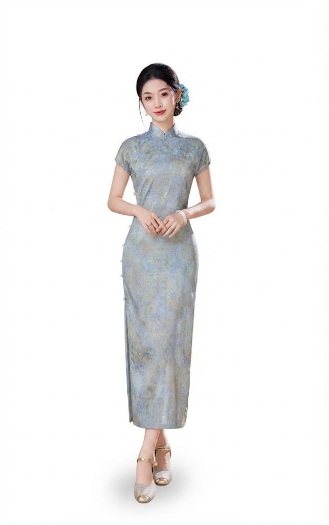 purpleq Abito Cheongsam Tradizionale Cinese Donna - Vintage Stampa Floreale Collo alla Coreana Manica Corta Elegante Vestito Qipao per Festa Cerimonia