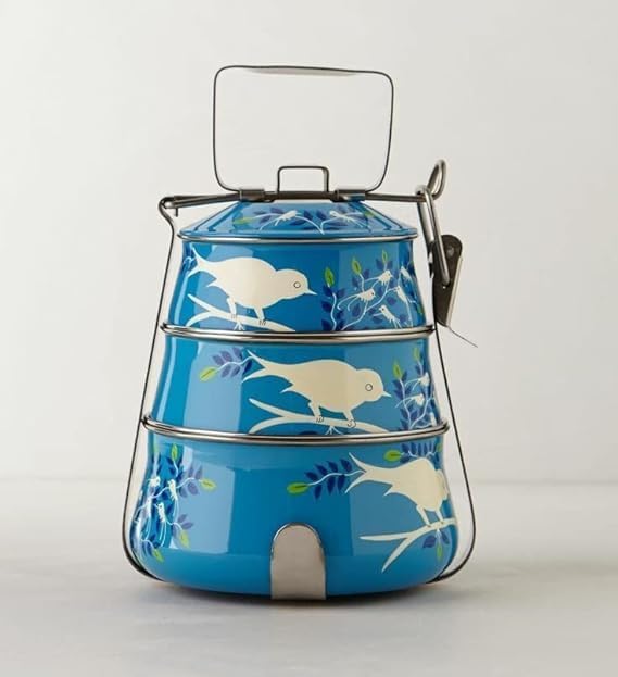 Image of iHandikart Handpainted Multiple Tier Decorative Stainless Steel Tiffin Box, with Lid and Handle, Color - Multicolor, Perfect Used for - Festival Gifts, School and Office Use (IHK-HPT3-006)