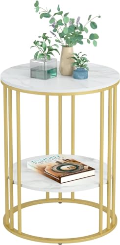 Image of Coffee Table Round Marble Print Sofa Side Telephone Corner Table Snack End Table Metal Dining Chair Center Table for Livingroom Bedroom Furniture (Gold White)