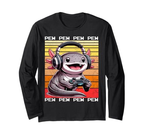 Axolotl Gamer Pew Divertidos Videojuegos Vintage Niños Hombres Niñas Manga Larga