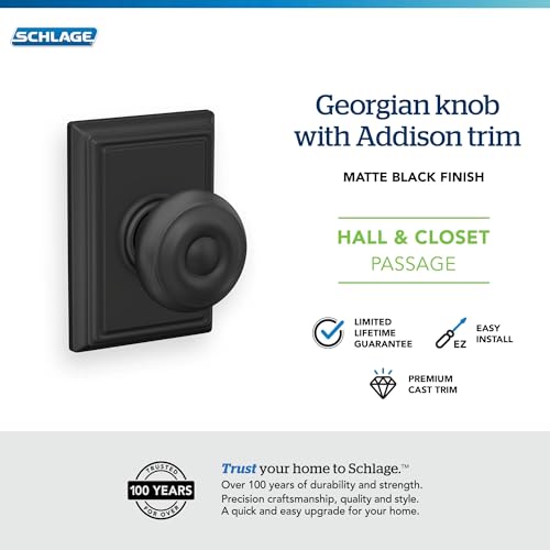 Image of Schlage F10 GEO 622 ADD Georgian Door Knob with Addison Trim, Hall & Closet Passage Lock, Matte Black