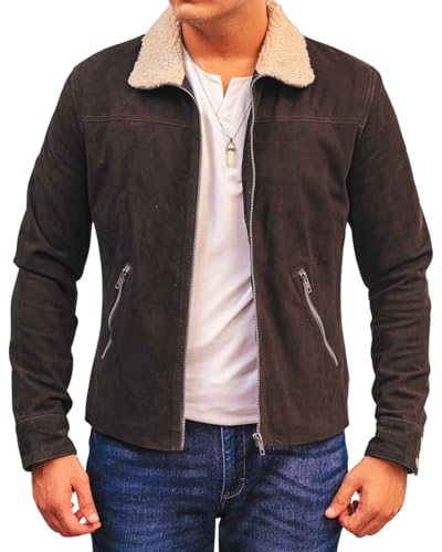Hide & Seek Men’s Vintage Suede Leather Rugged Motorcycle Shirt Survival Iconic Fur Collar Season 5 Inspired Leather Jacket - Main Image
