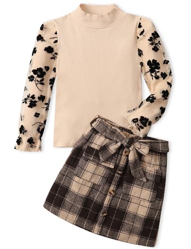 Image of Toddler Girl Clothes Girls Outfits Flare-lace Sleeve Top and Plaid Skirt Dress Fall Winter 2Pcs Girls Clothes 5-12T