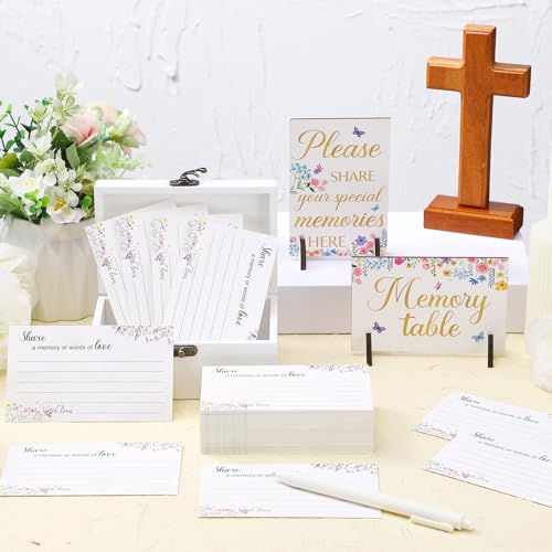 Image of Gilprop 112 Pcs Celebration of Life Memory Cards Set Share a Memory Cards with Box 2 Wood Sign with 4 Hold and 5 Pens, Sympathy Memorial Gifts Funeral Keepsake Decorations(Wildflowers)