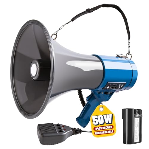MyMealivos Megaphone with Siren Bullhorn 50 Watt Bullhorn Speaker with Detachable Microphone, Portable Lightweight Strap & 3.5mm Aux Input (Blue+Grey+Battery)