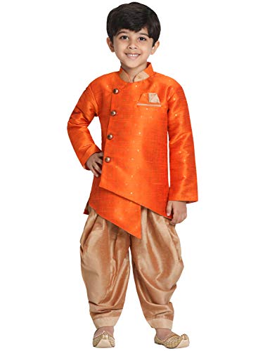 Image of JBN Creation Light Blue Cotton Silk Blend Boys Indo Wstern Style Sherwani Set