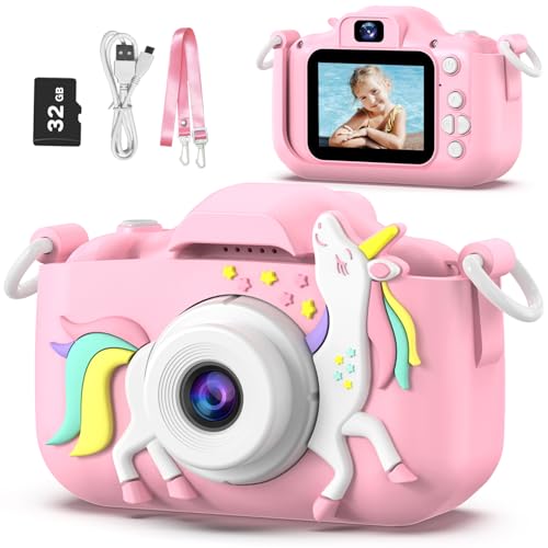 goopow kids camera toys for 3-8 year old girls boyschildren digital video camcorder camera with cartoon soft cover best chritmas birthday festival gift for kids - 32g sd card included