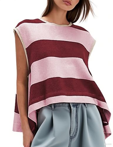 QIBABU Summer Striped Tank Tops for Women Oversized Sleeveless Sweatshirt Knitted Flowy Boxy Shirts4