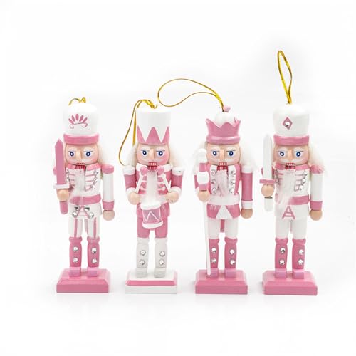 Christmas Nutcracker Ornaments Set, Wooden Christmas Nutcracker Soldier Figures Decorative Collectible Nutcracker 5 Inch Mini Nutcracker Figurines Christmas Tree Hanging Decorations - 4pcs Pink