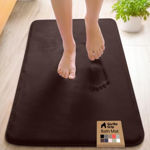 Image of GORILLA GRIP Memory Foam Bath Mat, Soft Absorbent Velvet Bathroom Mats, Durable Dots on Underside, Machine Washable Bathmat, Carpet Rug Room Decor for Shower Tub Floor RV, 42x24 Rugs, Brown