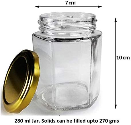 Hexagon Glass Jar Container with Air Tight Gold Metal Cap Pack Of 8 (200ml)