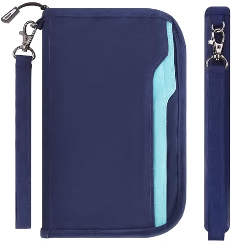 ZOPPEN Passport Holder Family Women/Men, Travel Wallet RFID Passport Wallet Travel Essentials Documents Organizer Zipper Case with Removable Wristlet Strap, Royal Blue