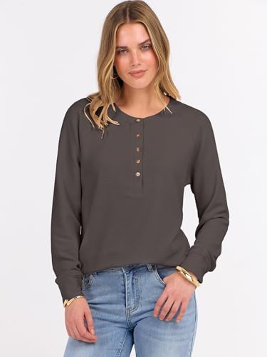Image of ANRABESS Women's Waffle Knit Henley Top Long Sleeve Shirts