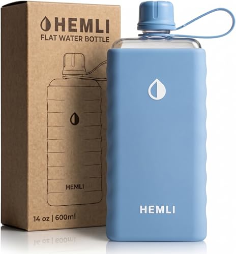 Hemli Tritan Flat Water Bottle with SIlicone Case Square Water Bottle For Travel Bags and Purses Slim Lightweight Leakproof (Light Blue 14 oz)