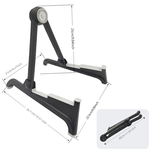 nalu Classic A-Frame Tripod Adjustable Guitar Stand for Acoustic Bass Electric Guitars and Ukuleles Folding Floor Stand Small Good for Traveling (GrayRubber+BlackFrame)