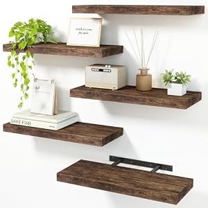 Fixwal 158in Floating Shelves for Wall Rustic Brown Shelves Wall Mounted Shelf with Invisible Bracket for Bathroom Living Room Bedroom Kitchen Office Decor 5 Pack