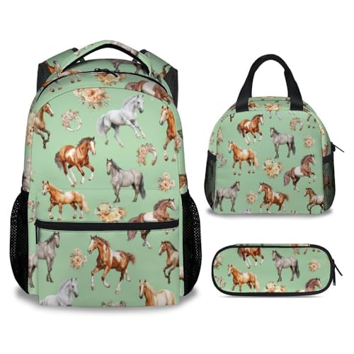 Kids Backpack with Lunch Box, Set of 3 Horse School Backpacks Matching Combo for Girls, Aesthetic Green Bookbag and Pencil Case Bundle