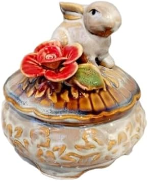 Hand Painted Little Birds Trinket Box,Flower Ceramic Jewelry Organizer Holder,Vintage Figurine Craft Gift for Home Decor Rabbit