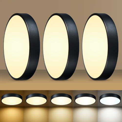 Image of Flush Mount Ceiling Light Fixtures Black LED Dimmable 5CCT 12In 24W 3Pack