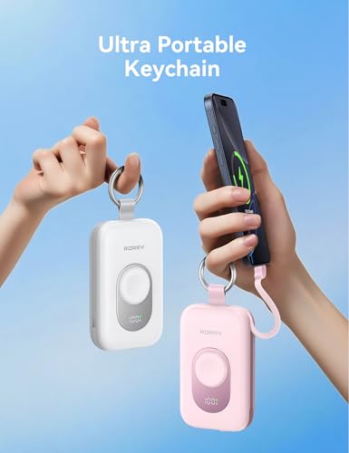 Image of RORRY CharmGo Portable Charger, 20000mAh PD 30W Portable Charger Power Bank with 2 Built-in Cables, Fast Charging Battery Pack with Keychain, Travel Essentials for iPhone, Apple Watch, iPad, White