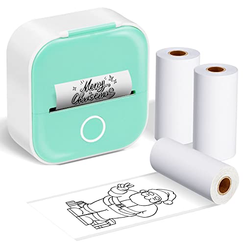 Bluetooth Thermal Mini Printer - Portable Mini Sticker Printer Machine - Wireless Pocket Mini Printer for iPhone, T02 Green Mini Thermal Printer with 3 Rolls Thermal Paper for Journal, Memo, Photo
