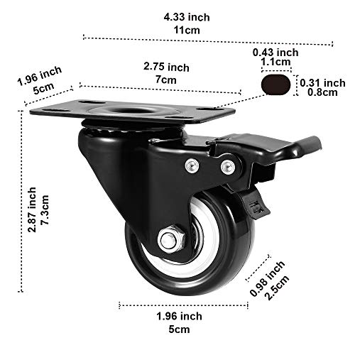 Image of 2 inch Caster Wheels Set of 8, Heavy Duty Casters with Brake, No Noise Locking Casters with Polyurethane (PU) Wheels, Swivel Plate Castors Pack of 8