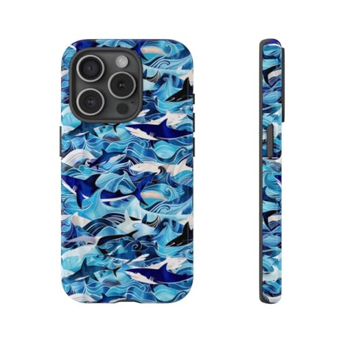 Coque iPhone 15 Pro vagues et requins bleus : protection rigide anti-rayures