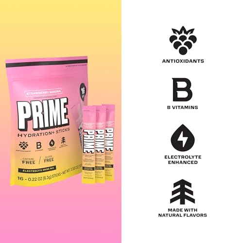 Image of PRIME HYDRATION+ Electrolyte Powder Sticks, Strawberry Banana, Sugar Free Hydration Drink Mix with Potassium, Magnesium & B Vitamins to Replenish Fluids, Caffeine Free, 16 Count