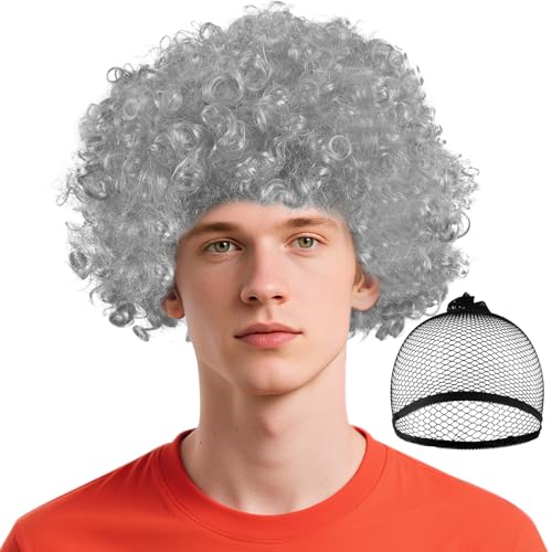 BSBUY Perruques Afro Bouclées Noir, Accessoires de Costume de Clown avec Bonnet de Perruque, Perruques de Fête, Perruque Noir de Clown