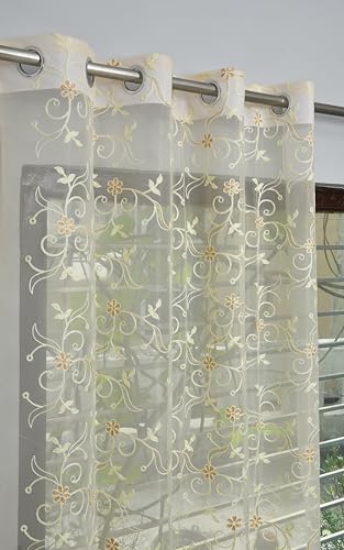 Image of Fabrilia Floral Pattern Embroidery Tissue Net Sheer Transparent Curtains for Door 9 feet Long Set of 2, Cream