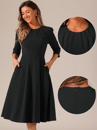 Image of Allegra K Elegant Work Dress for Women's 3 /4 Sleeve Round Neck Pockets Vintage A-Line Swing Midi Dress