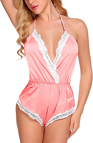 Image of BROIDEN Women Lingerie Bodysuit V Neck Teddy Lace Babydoll Satin Nightwear