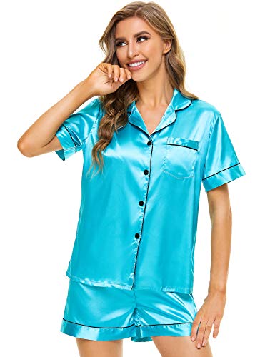 Image of LecGee Womens Silk Satin Pajamas Short Sleeve Loungewear Two-Piece Sleepwear Button-Down Pj Set