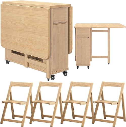 Mesa de comedor plegable que ahorra espacio, 55 pulgadas de largo x 31.5 pulgadas de ancho x 29 pulgadas de alto, mesa de cocina convertible de hoja abatible con 4 sillas, juego de mesas de comedor de
