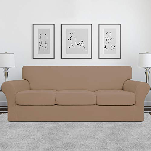 Image of Easy-Going 4 Pieces Stretch Sofa Cover for 3 Cushion Couch Washable | Sofa Slipcover for Stretch 3 Separate Sectional Cushion Couch - Furniture Protector for Pets, Kids Camel