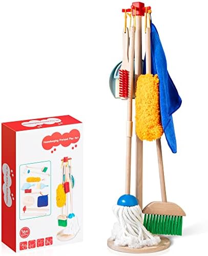 WOODMAM Wooden Kids Cleaning Set for Toddlers,8 Pieces Montessori Cleaning Toys with Kids Broom and Mop Set, Housework Pretend Play Toy Gift for Boys Girls Ages 3+