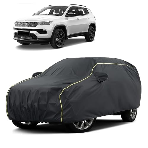 Image of Sulfar 100% Water Resistant Car Body Cover Compatible with Mirror for Jeep Compass (Triple Stitched, Full Bottom Elastic, Dark Grey Taffeta with Yellow Piping)