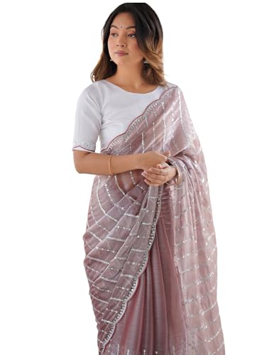 Image of SIRIL Women's Shimmer Chiffon Sequence Embroidery Saree With Unstitched Blouse Piece for Wedding and Parties