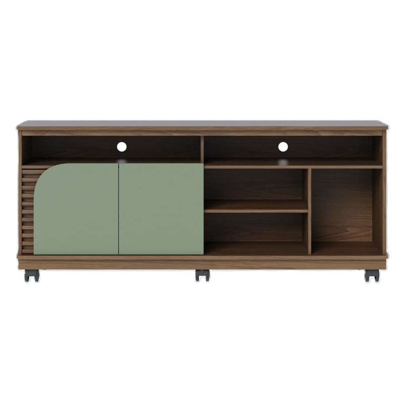Meuble TV 65 Pouces Vert Olive et Chêne 2 Portes 7 Niches roulettes L 150 H 63.2 P 39.3 cm