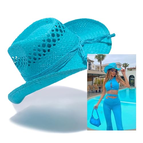 Image of TOVOSO Straw Cowboy Hat for Women with Beaded Trim and Shapeable Brim