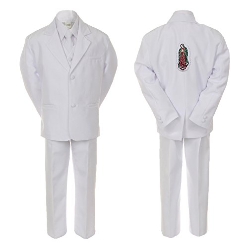 Image of Baby Boy Communion Formal White Notch Lapel Suit Silver Guadalupe on Back SM-20