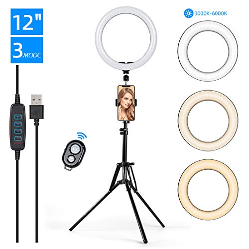 KinCam 30cm/12inch Ring Light con Treppiede e Supporto telefono, Dimmerabile LED Luce ad Anello con Telecomando 3 Modalità 10 Livelli di Luminosità per Smartphone,Foto,Trucco, Selfie e Video YouTube