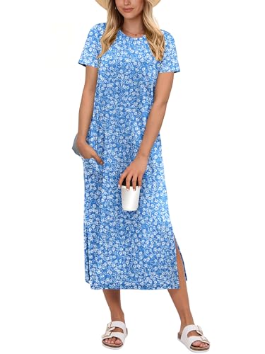 Image of ANRABESS Womens Midi Dress,Summer Long Tshirts Dresses,Short Sleeve Split Stripe,Comfy Travel Beach Vacation Casual Wear