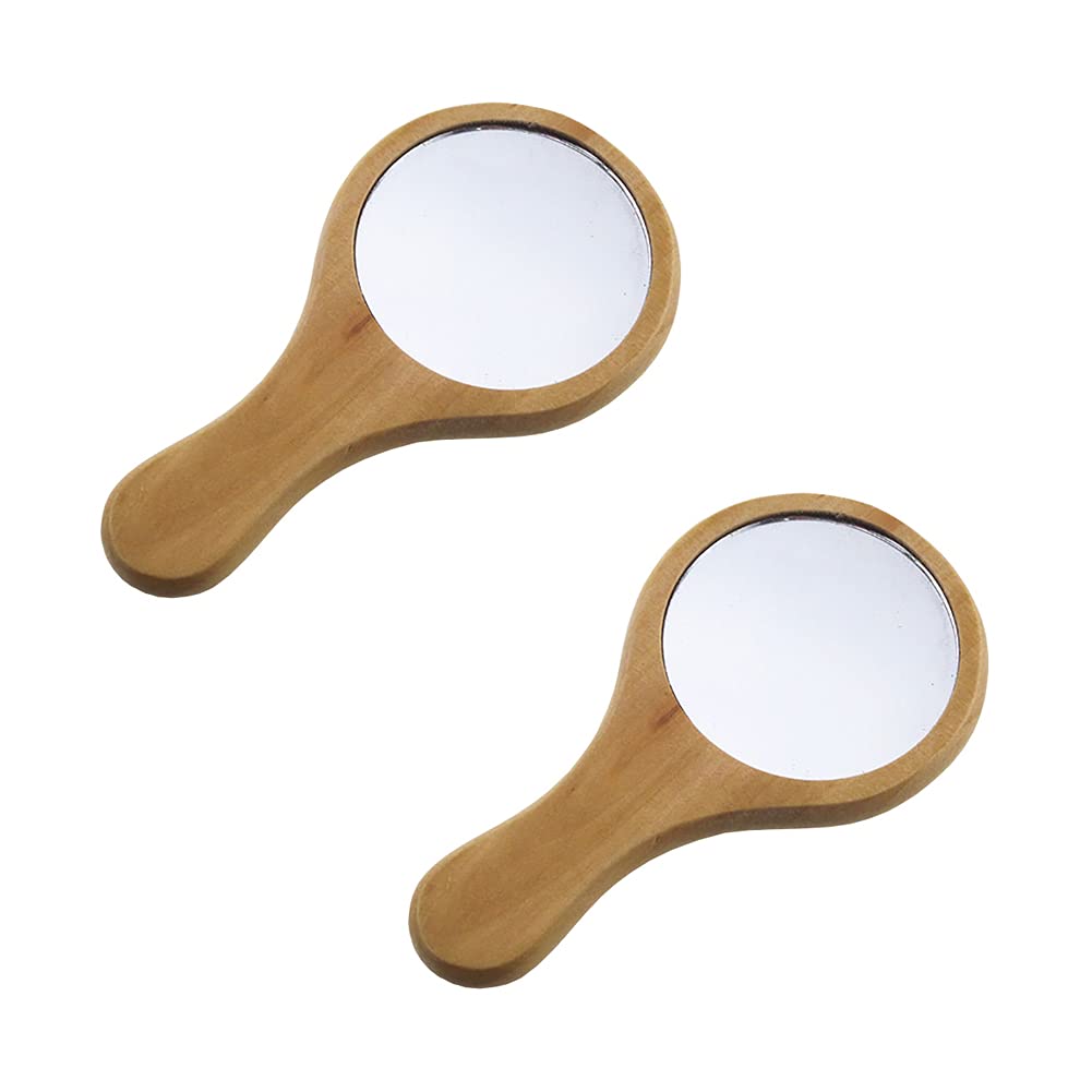JIHUOO 2 Pcs Small Portable Wood Makeup Mirror Handle Round Cosmetic Mirror Wooden Handheld Mirror